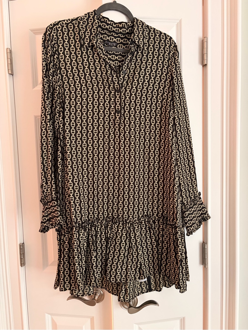 J. Crew Black & Off White Printed Long-Sleeve Dress